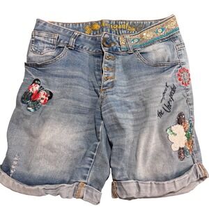 Desigual Denim Shorts Distressed Embellished Butterfly, Sequins Sz 26 (US, Sz 2)